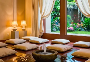 Calm room with floor cushions arranged around a small indoor water fountain, soft lighting, and a large window showing a vibrant garden outside.
